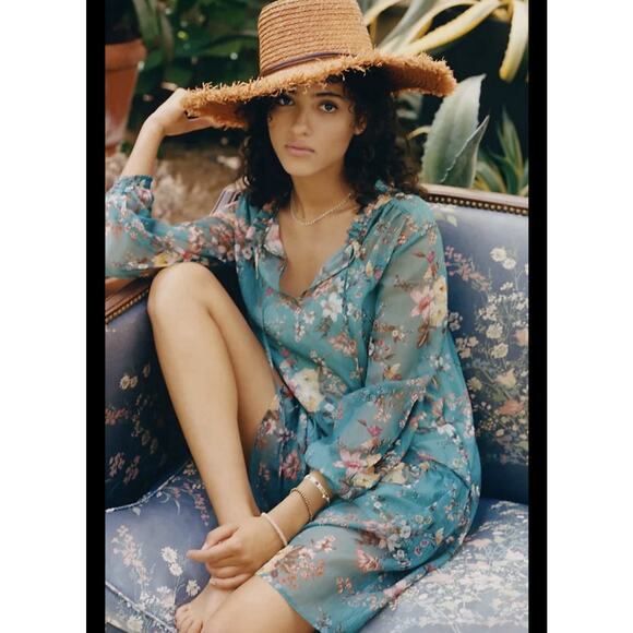 Anthropologie Maeve Women’s Small Turquoise Long Sleeved Mini Dress Boho - Picture 1 of 8